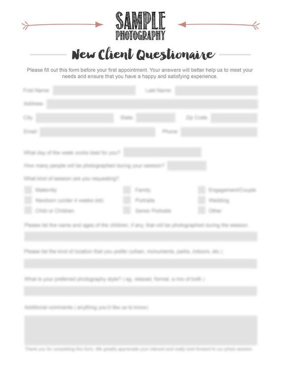 photographer new client questionnaire photography new client questionnaire sample