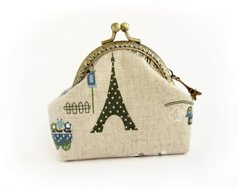 Coin Purse Paris Style, green Eiffel Tower Purse, french retro linen purse, blue love heart, purse with kisslock