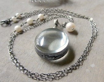 Round Glass Locket Silver, Photo Locket Necklace, Oxidize Locket Jewelry, Pearl Locket Pendant, Sterling Silver Locket, Expectant Mother