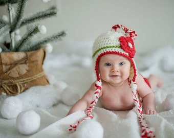 Baby Christmas Hat - Select a Size - Adorable Earflap Hat with Tassel and Braids - Holiday Winter Hat with Flower - Kids Holiday Hats
