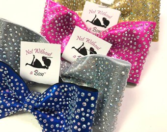 Tailless Cheer Bow - Scattered Rhinestone Tailless Cheer Bow - AB Crystal or Clear Rhinestone - Choose Bow Colors