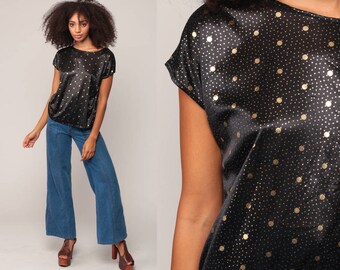 Metallic Blouse Silky BLACK + GOLD Top 80s Shirt Cap Sleeve Polka Dot Disco Top Glam 1980s Vintage Shiny Medium Large