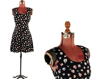 Vintage 1990's Black Soft Rayon Mini Grunge Ditsy Floral Print Sleeveless Dress S