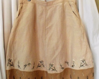 J.Jill Embroidered Skirt/ Linen Cotton Blend Retro M-L Skirt/ Shabbyfab Funwear