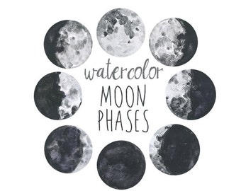Watercolor Moon Phases, Lunar Chart Clip Art, Digital Download Moon Chart Lunar Phases, Moon Clipart, Watercolor Lunar Clip Art, Moon Art