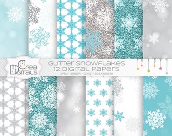 Blue glitter and bokeh snowflakes - 12 digital papers - INSTANT DOWNLOAD