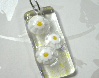 Spring Daisies - Shimmering Dichroic Fused Glass Pendant