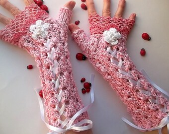 Crocheted Cotton Gloves L Ready To Ship Victorian Fingerless Summer Women Wedding Lace Evening Knitted Bridal Party Pink Corset Opera B49