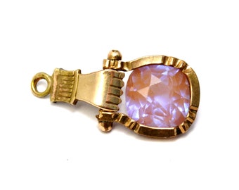 Antique Victorian etched gold filled hand fist faceted saphiret art glass drop fob charm