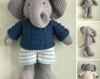 Toy knitting pattern for a boy elephant in a textured sweater