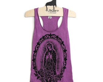 Small- Purple Racerback Tank with Our Lady Screen Print