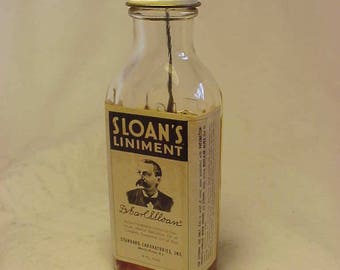c1950s Sloan's Liniment Morris Plains, N.J. , With paper label ,Labeled Medicine Bottle, Drug Store Decor