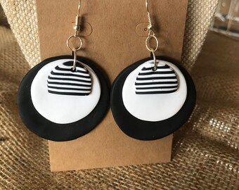 Monochrome Polymer Clay Dangles - Stripe Semi on White and Black Discs