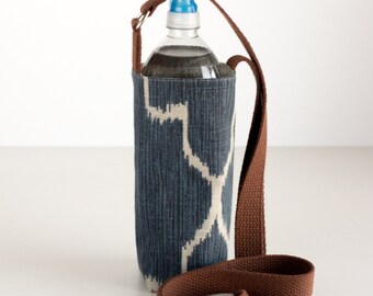 Blue Water Bottle Sling, Blue and Brown Water Bottle Holder, Crossbody, Blue, Brown, and Tan Cotton Fabrics, Handmade