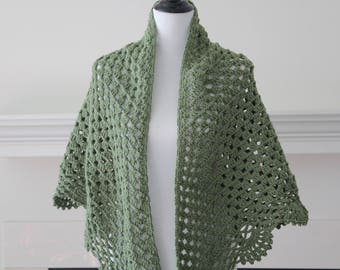 Crocheted Sage Green Triangle Scarf, Shawl
