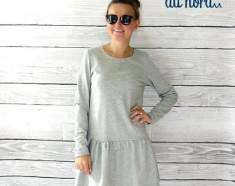 short dress, grey, long-sleeved cotton dress