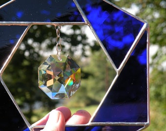 Cobalt Blue Stained Glass Sun Catcher with Crystal Rainbow maker