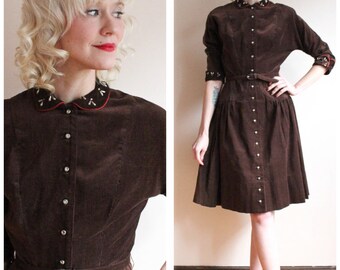 1950s Dress // Toni Todd Corduroy Studded Dress // vintage 50s dress