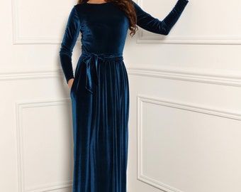 Bridesmaid Velvet Dress Dark Electric Maxi Elegant Long Sleeves Pockets