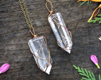 Quartz necklace, pendant, wire wrapped, healing stone, silver, crystal, pendulum, point, raw, rough, crystal, stone, boho