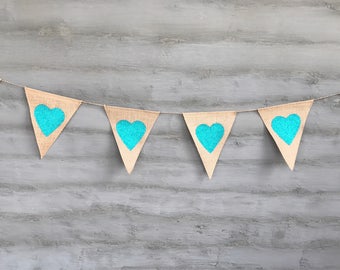 Glitter Heart Garland, Glitter Burlap Banner, Aqua Glitter Banner, Valentines Day Decor Banner, Glitter Party Garland, Valentines Garland