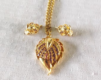 1960s Vintage Necklace and Earrings Demi Parure Jewel Tone Rhinestone Leaves