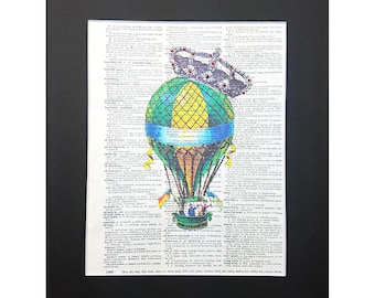 Crowned Vintage Air Balloon on Vintage Dictionary Page Art Print, Wall Decor, Digital Manipulation with Sparks of Glitter,