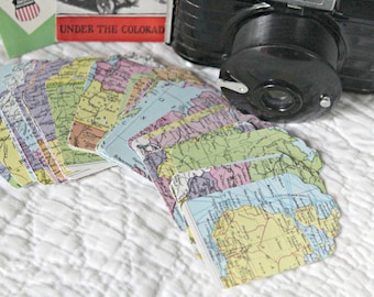 50 Vintage Map Recycled Paper Tag Labels for Wedding, Altered Art, Scrapbooking, Gifts