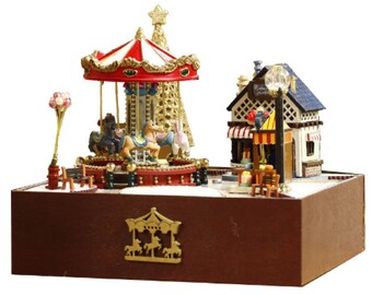 Kawaii Miniature Carousel Doll House With LED Light - DIY Handmade Project, Do it Yourself Model, Cute City Scene Kit, Handcrafted Kids Gift