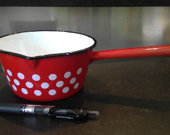Vintage French Enamelware Cookware - 14cm Pot Red/White Polka Dot