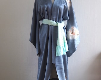 Shiny Blue silk kimono/ Japanese silk robe/ vintage kimono