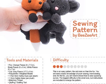 Fox and Cat Stuffed Animal Sewing Pattern, Plush Toy Pattern, PDF
