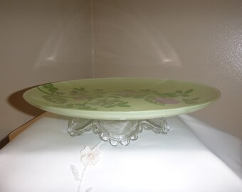Green and Pink Flower Glass Cake Stand