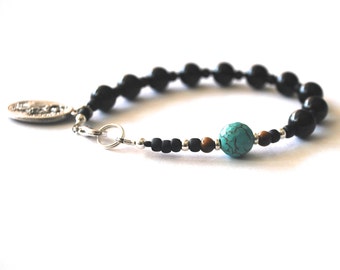 Saint Michael, Archangel Michael Mens Rosary Bracelet, Black Onyx Tigers Eye Turquoise Saint Bracelet Male confirmation Gift Catholic