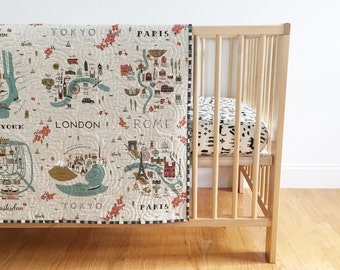 Rifle Paper Co. Wholecloth Baby Quilt in City Maps Canvas and Grid in Charcoal - Tummy Time Quilt MADE-to-ORDER paris toddler quilt, travel