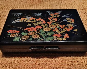 Vintage Black Floral Designed Red Velvet Interior 6 Compartment Mirrored Pill Box Made in Hong Kong