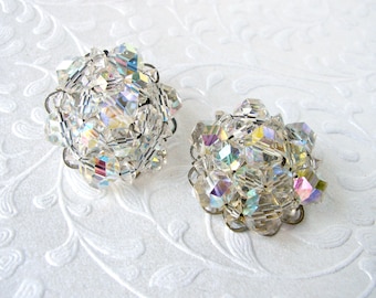 1 Inch Round Cluster Crystal Beaded Clip Back Earrings Costume Jewelry Classic 1950's Bead Silver Tone Formal Evening Prom Pageant MoB MoH