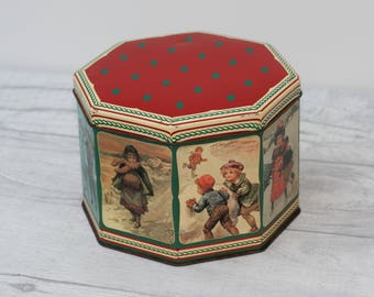 Octagonal Christmas Tin, Vintage Scenes, Children Playing.