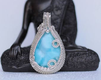 larimar necklace sterling silver jewelry artisan jewelry handmade blue stone pendant wire wrapped larimar