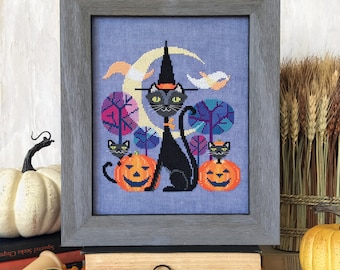 SATSUMA STREET Halloween Cat counted cross stitch patterns at thecottageneedle.com black cat jack-o-lantern mid-century modern wall art