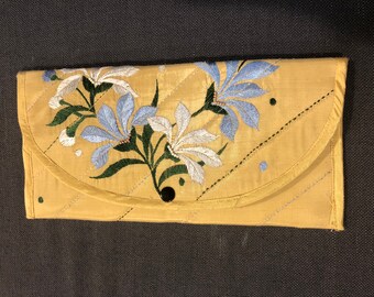 Gorgeous vintage gold silk hand stitched clutch with pearl applique