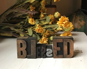 Vintage PRINTER'S Blocks- Wood Typeset Letters- BLESSED- Typography- Industrial Printing Press- Vintage Letterpress Print Alphabet