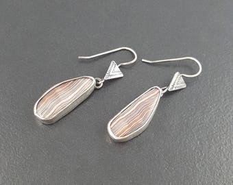Crazy Lace Agate Earrings, sterling silver, dangle earrings, pink gray silver, crazy lace agate, michele grady, stamped earrings, boho