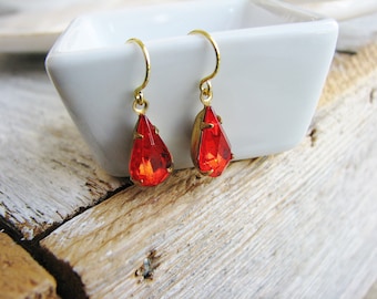 Red Orange Vintage Glass Jewel Earrings, Estate Style Cut Glass Gem Earrings, Tear Drop Gold Filled, Modern Bridal Jewelry