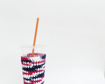 4th of July iced coffee cozy. Red White and Blue. Crochet coffee cozy. Patriotic cozy. Cotton cup sleeve. Eco friendly cup jacket. Bbq cozy