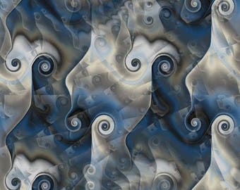 Artist Created Canvas Fabric Fiber Art Fabric Blue Sea Scrolls Circles