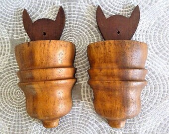 Twin Wooden Wallpockets .. Vintage Home Decor -- Wood Gift