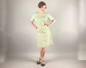 Vintage 1960s Dress | 60s Blue Green Purple Pink Floral Print Linen Short Sleeve Shift Day Dress | Large