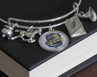 Harry Potter Hufflepuff Themed Charm Bangle Bracelet With Book Of Secrets and House Patronus