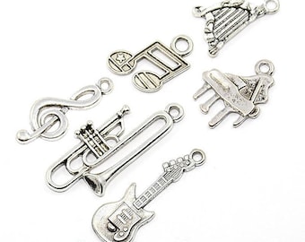 6 charms silver metal music instruments / charm
